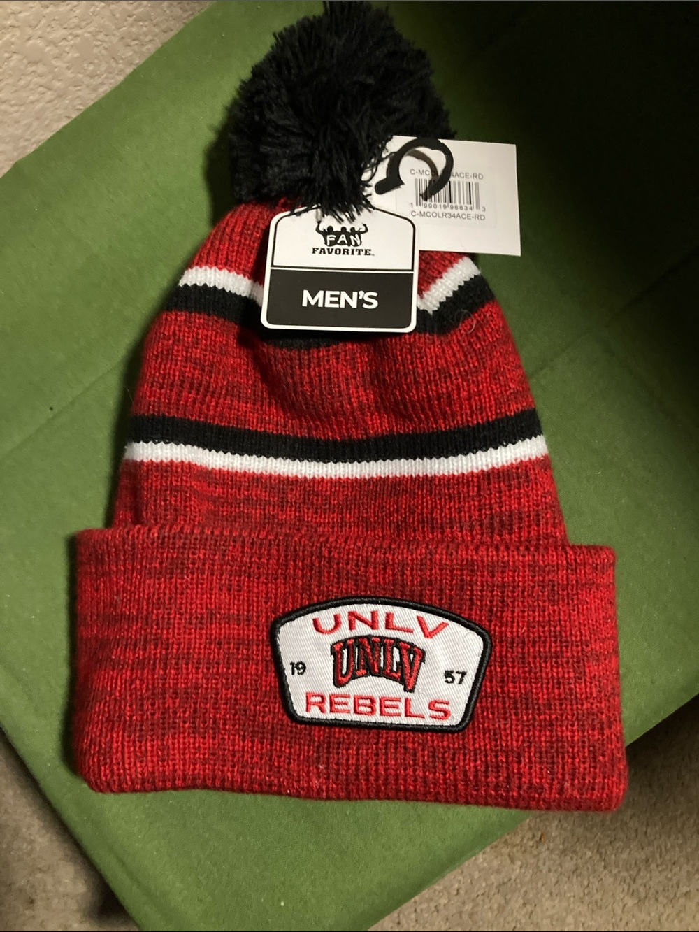 rebels Red UNLV Pom Pom Beanie with Black & White Stripes